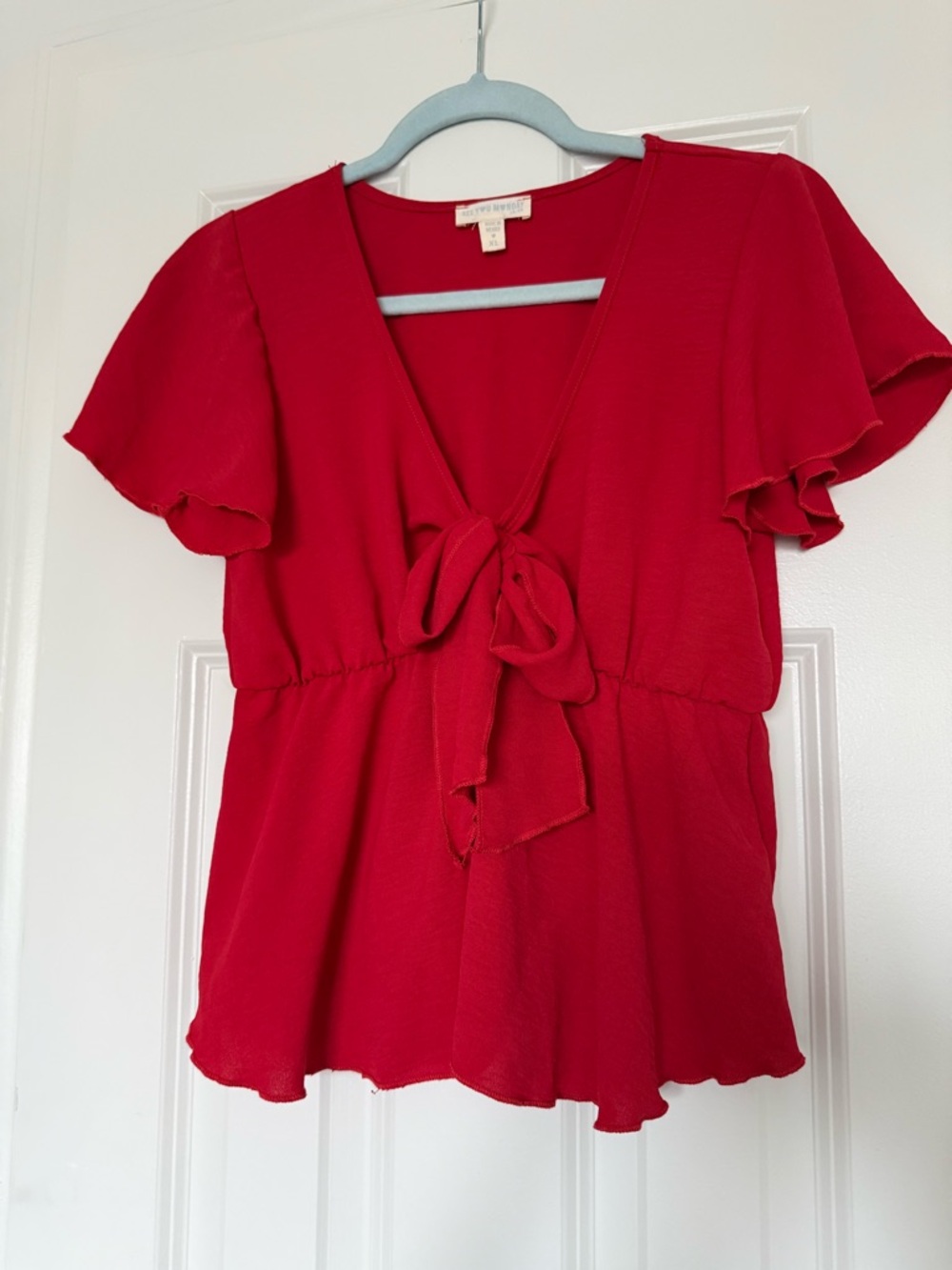 See You Monday Red Tie-Front Flutter Sleeve Blouse